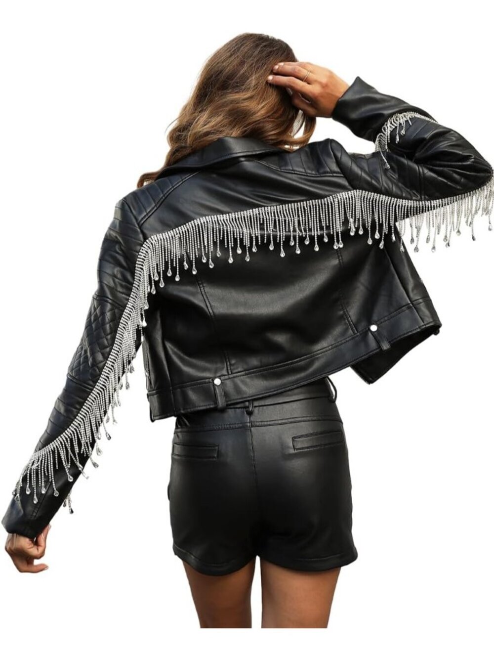 Women's Black Fringe Faux Leather Moto Biker Jacket Lightweight Zip Up Coat